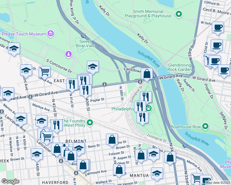 map of restaurants, bars, coffee shops, grocery stores, and more near 3824 Cambridge Street in Philadelphia