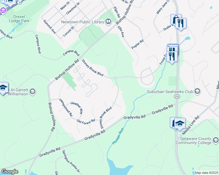 map of restaurants, bars, coffee shops, grocery stores, and more near 6 Rose Glen Court in Newtown Square