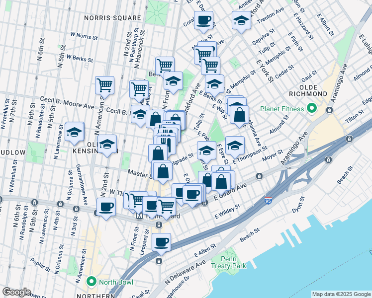 map of restaurants, bars, coffee shops, grocery stores, and more near 1417 East Columbia Avenue in Philadelphia