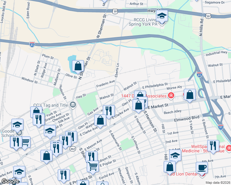 map of restaurants, bars, coffee shops, grocery stores, and more near 211 Eberts Lane in York