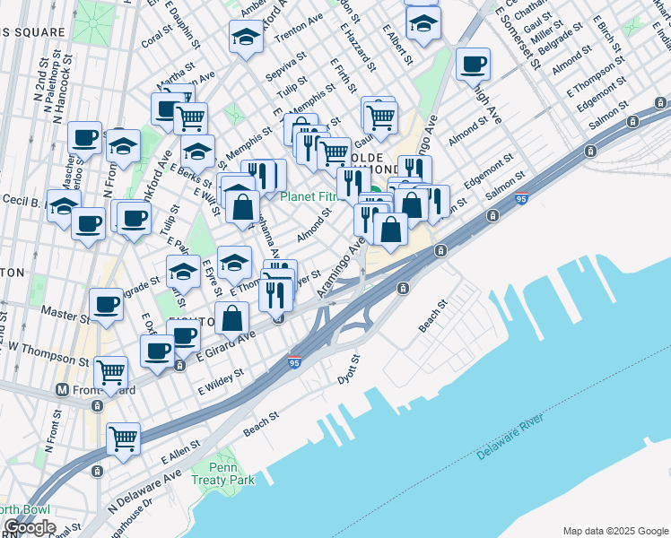 map of restaurants, bars, coffee shops, grocery stores, and more near 868 Moyer Street in Philadelphia