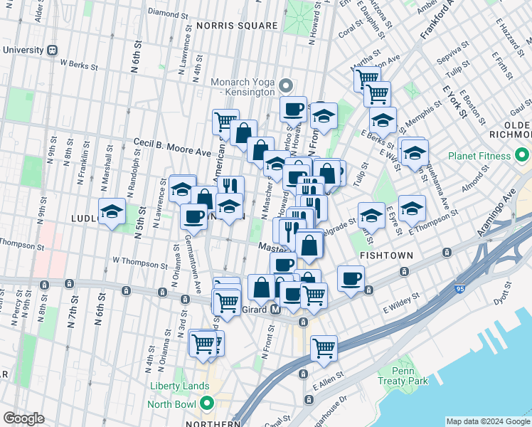 map of restaurants, bars, coffee shops, grocery stores, and more near 1519 North Mascher Street in Philadelphia