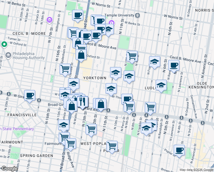 map of restaurants, bars, coffee shops, grocery stores, and more near 1116 Master Street in Philadelphia