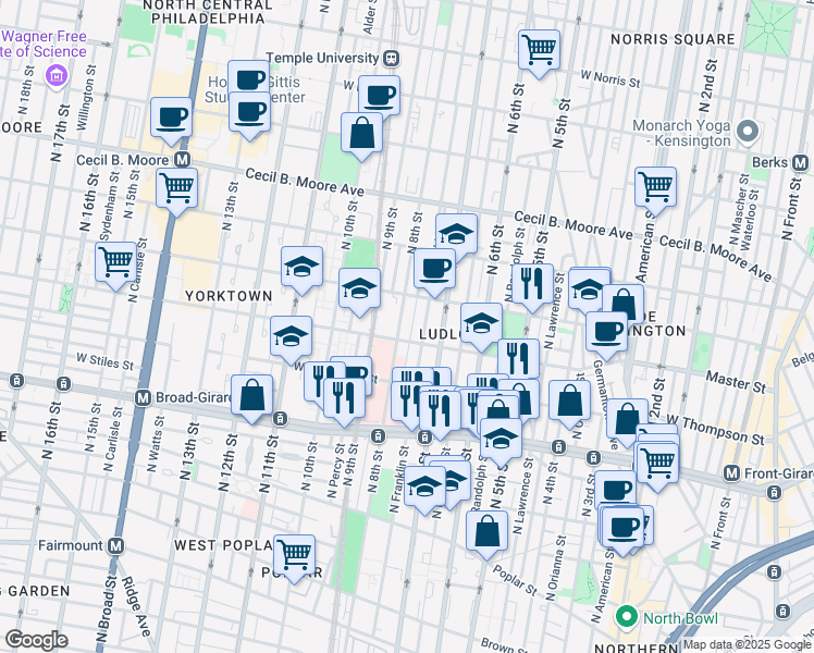 map of restaurants, bars, coffee shops, grocery stores, and more near 1417 North 8th Street in Philadelphia
