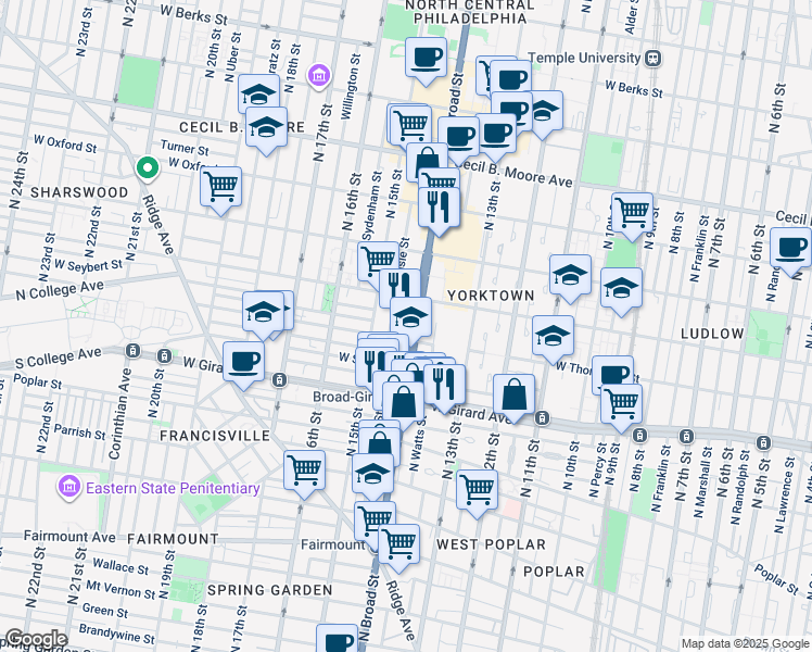 map of restaurants, bars, coffee shops, grocery stores, and more near 1304 North Broad Street in Philadelphia