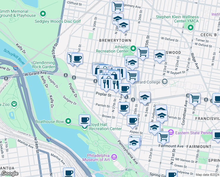map of restaurants, bars, coffee shops, grocery stores, and more near 2735 Cambridge Street in Philadelphia