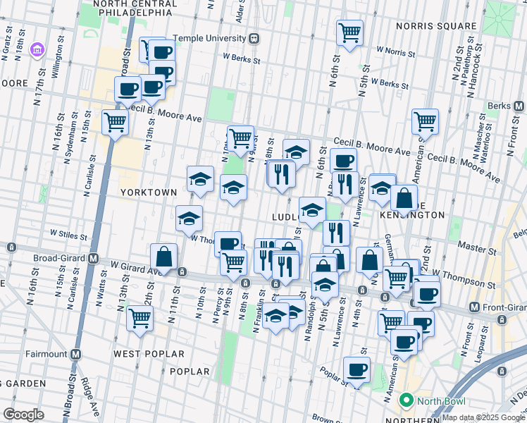 map of restaurants, bars, coffee shops, grocery stores, and more near 1417 North 8th Street in Philadelphia
