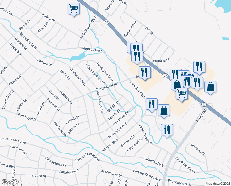 map of restaurants, bars, coffee shops, grocery stores, and more near 215 Harrington Drive North in Toms River