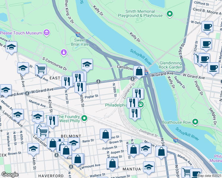 map of restaurants, bars, coffee shops, grocery stores, and more near 3812 Cambridge Street in Philadelphia