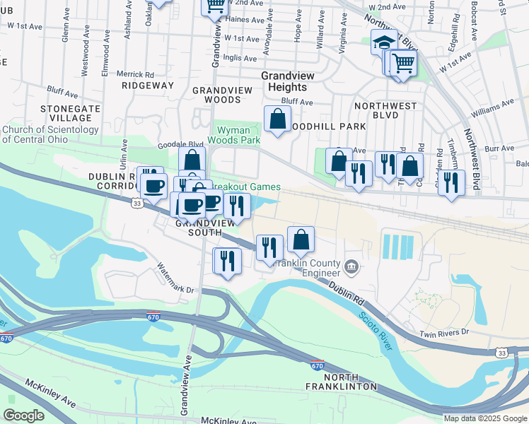 map of restaurants, bars, coffee shops, grocery stores, and more near 1444 City View Drive in Columbus