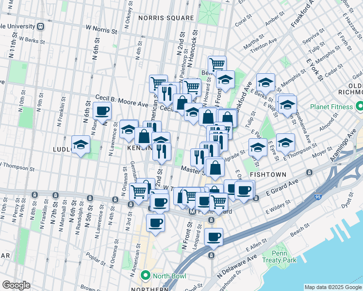 map of restaurants, bars, coffee shops, grocery stores, and more near 141 West Jefferson Street in Philadelphia