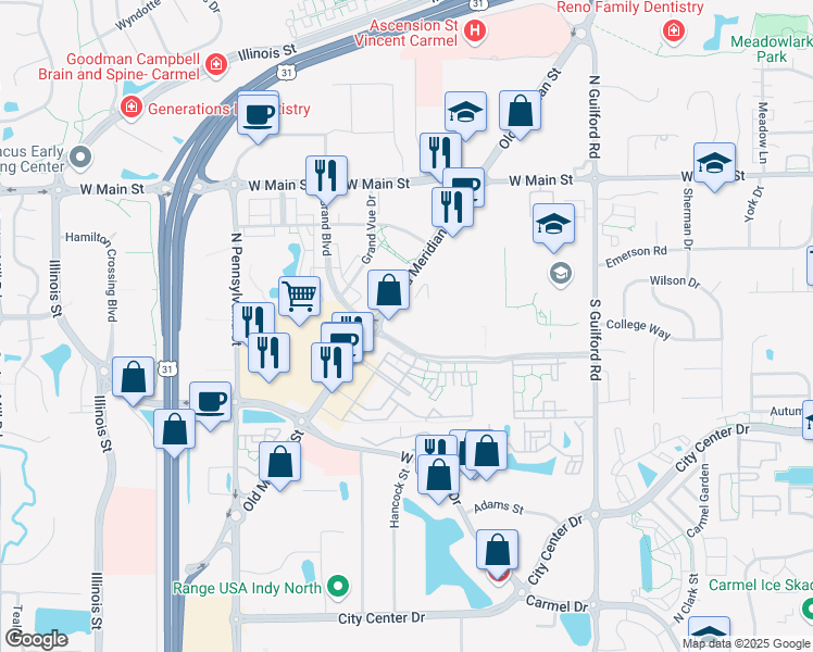 map of restaurants, bars, coffee shops, grocery stores, and more near Grand Boulevard in Carmel