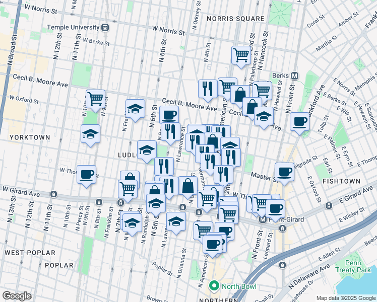 map of restaurants, bars, coffee shops, grocery stores, and more near 1442 North 4th Street in Philadelphia
