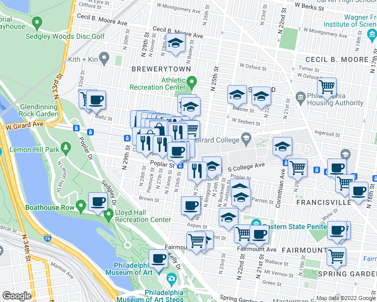 map of restaurants, bars, coffee shops, grocery stores, and more near 2538 West Girard Avenue in Philadelphia