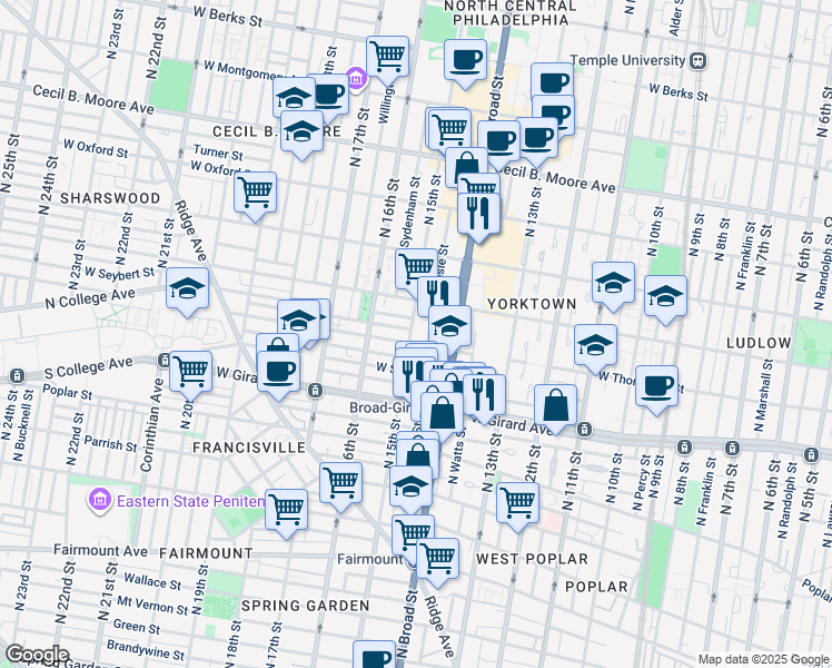 map of restaurants, bars, coffee shops, grocery stores, and more near 1309 North 15th Street in Philadelphia
