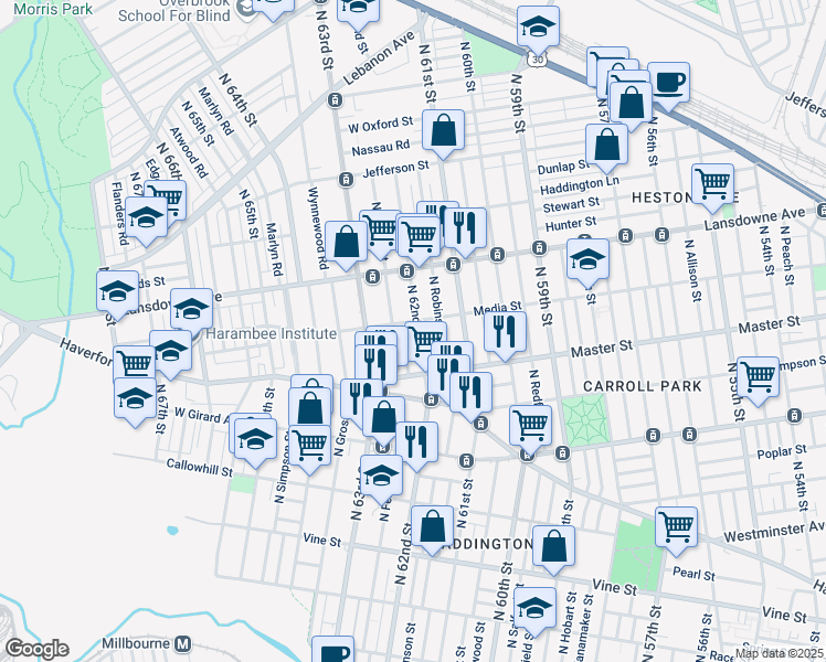 map of restaurants, bars, coffee shops, grocery stores, and more near 1443 North 62nd Street in Philadelphia