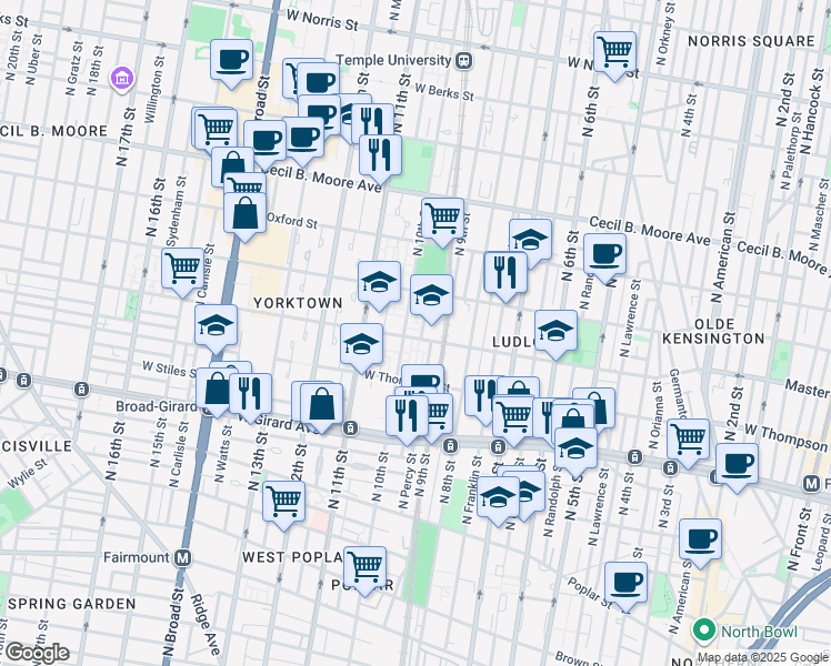 map of restaurants, bars, coffee shops, grocery stores, and more near 1411 North Hutchinson Street in Philadelphia