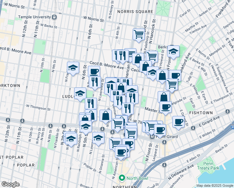 map of restaurants, bars, coffee shops, grocery stores, and more near 1432 Cadwallader Street in Philadelphia