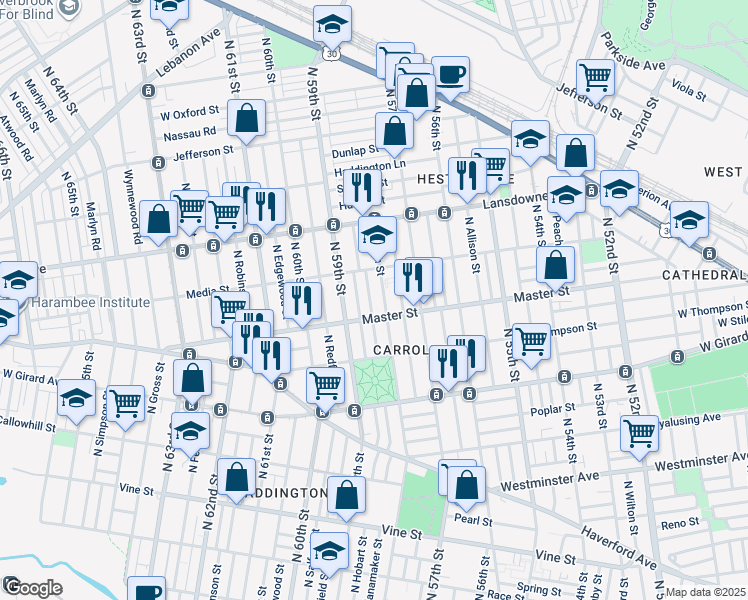 map of restaurants, bars, coffee shops, grocery stores, and more near 1425 North Wanamaker Street in Philadelphia