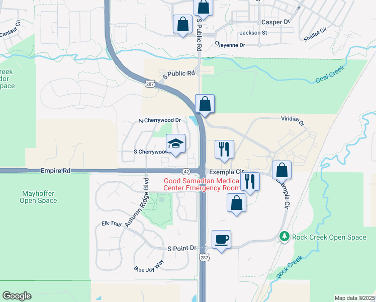 map of restaurants, bars, coffee shops, grocery stores, and more near 190 South Cherrywood Drive in Lafayette