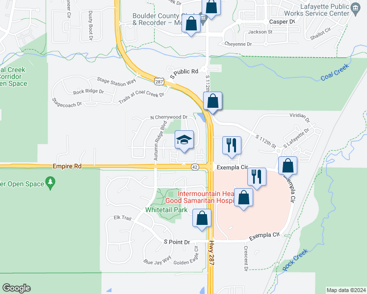 map of restaurants, bars, coffee shops, grocery stores, and more near 307 South Cherrywood Drive in Lafayette