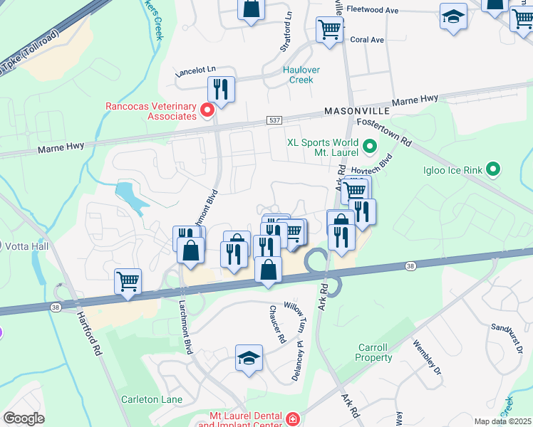 map of restaurants, bars, coffee shops, grocery stores, and more near 1681A Thornwood Drive in Mount Laurel Township