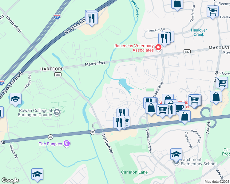 map of restaurants, bars, coffee shops, grocery stores, and more near 2416C Durham Court in Mount Laurel