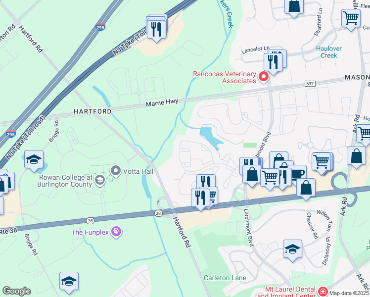 map of restaurants, bars, coffee shops, grocery stores, and more near 2206A Durham Court in Mount Laurel Township