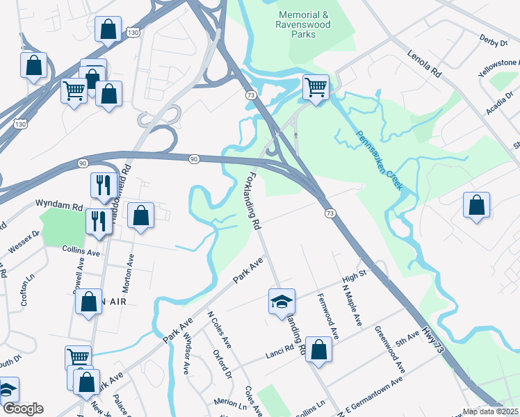 map of restaurants, bars, coffee shops, grocery stores, and more near 1007 Forklanding Road in Cinnaminson