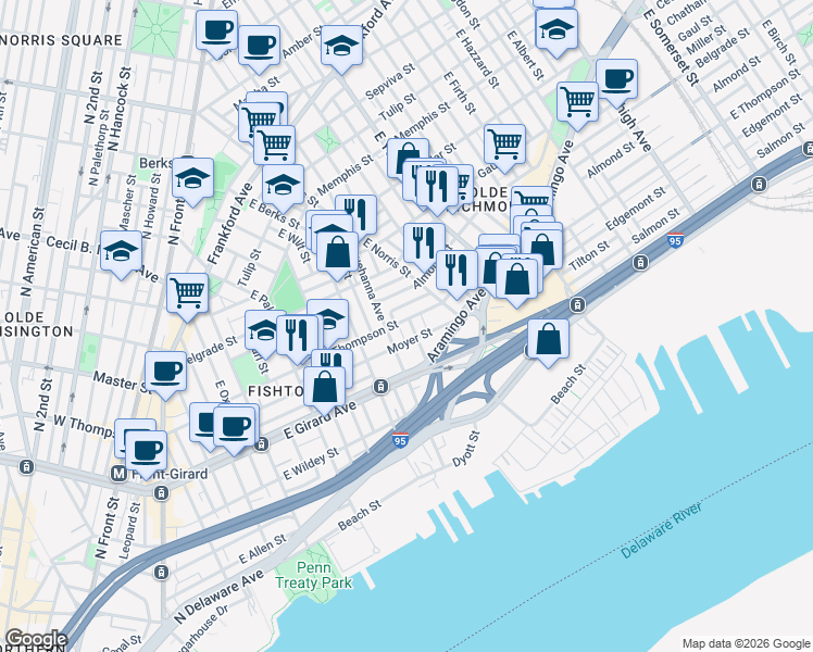 map of restaurants, bars, coffee shops, grocery stores, and more near 1237 East Fletcher Street in Philadelphia