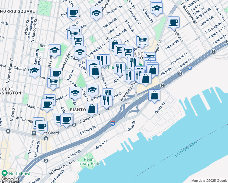 map of restaurants, bars, coffee shops, grocery stores, and more near 1237 East Fletcher Street in Philadelphia