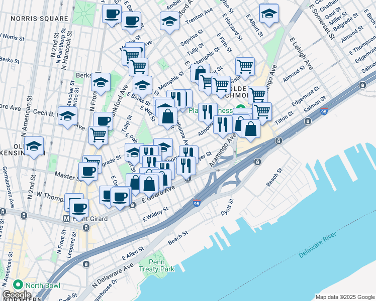 map of restaurants, bars, coffee shops, grocery stores, and more near 721 East Thompson Street in Philadelphia