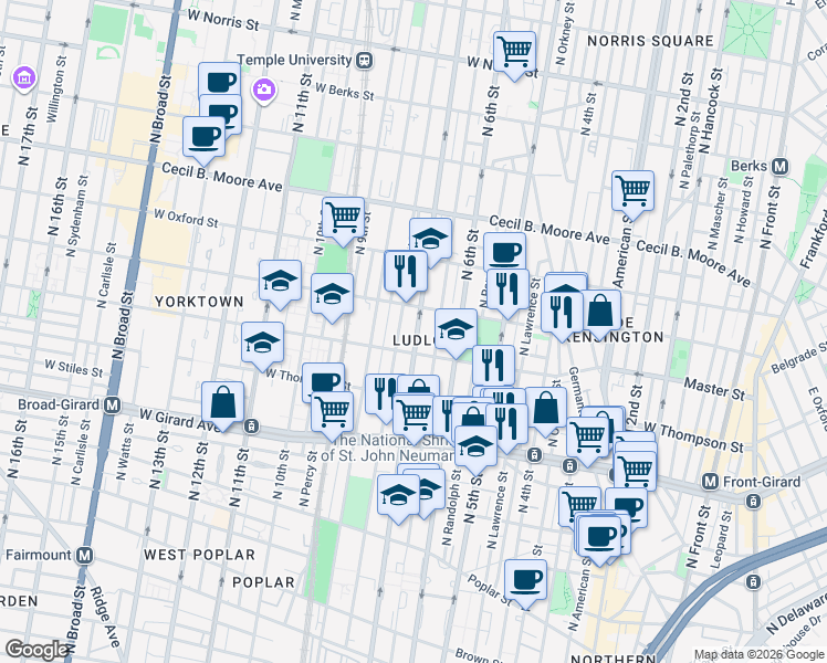 map of restaurants, bars, coffee shops, grocery stores, and more near in Philadelphia