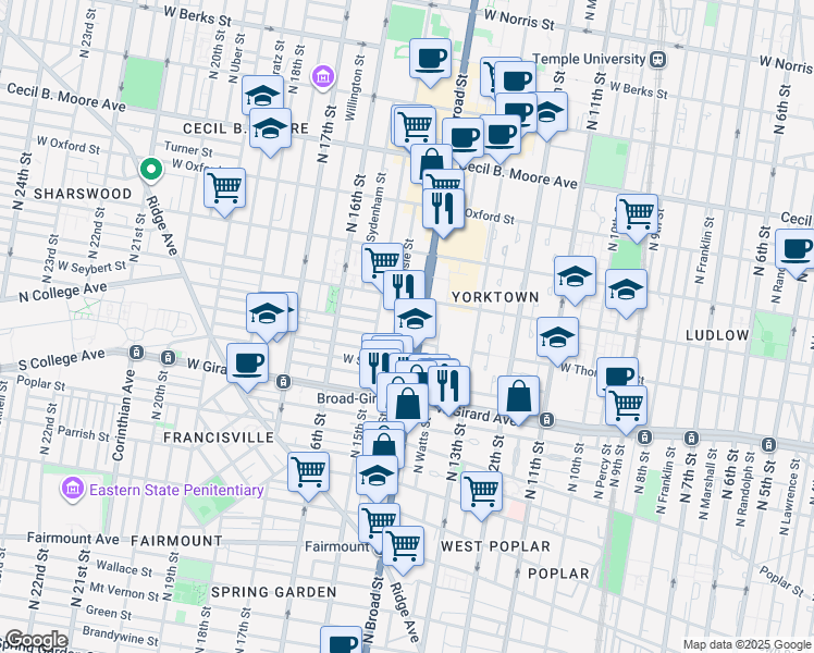 map of restaurants, bars, coffee shops, grocery stores, and more near 1304 North Broad Street in Philadelphia