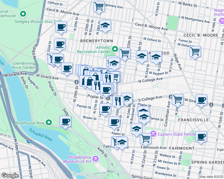 map of restaurants, bars, coffee shops, grocery stores, and more near 2511 West Girard Avenue in Philadelphia