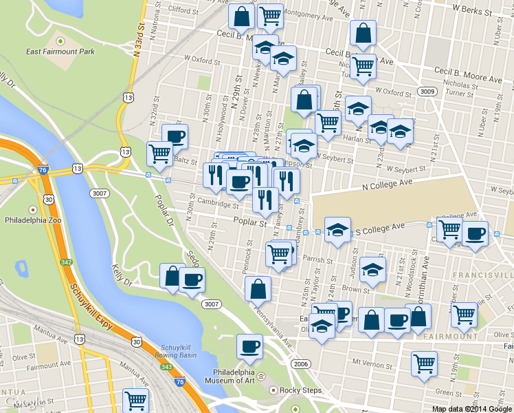 map of restaurants, bars, coffee shops, grocery stores, and more near 2728 Cambridge Street in Philadelphia