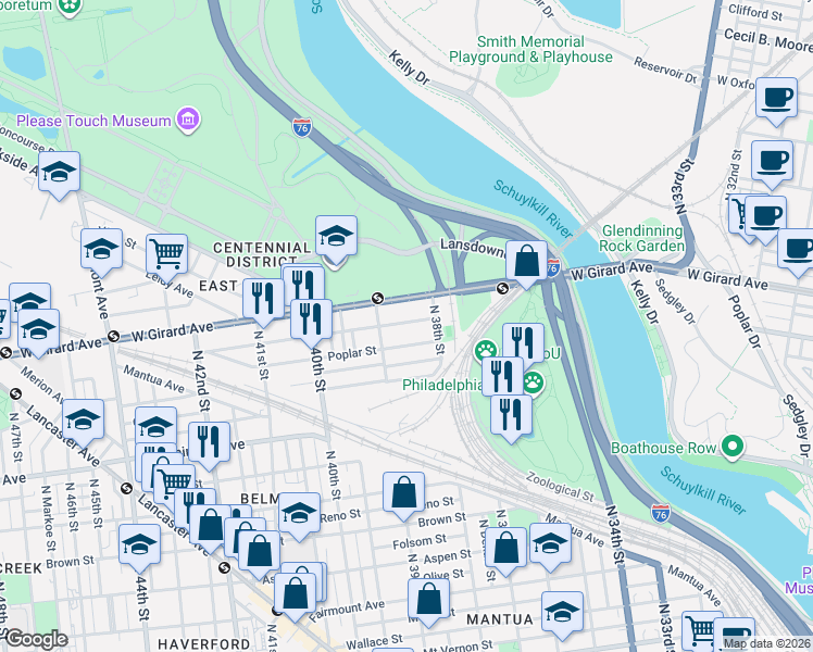 map of restaurants, bars, coffee shops, grocery stores, and more near 3856 Cambridge Street in Philadelphia