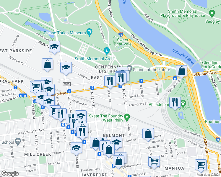 map of restaurants, bars, coffee shops, grocery stores, and more near 4053 Cambridge Street in Philadelphia