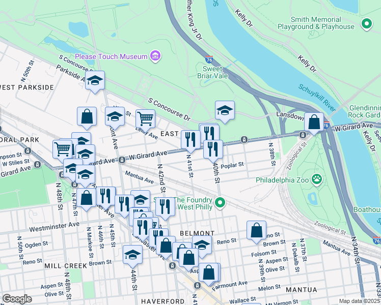 map of restaurants, bars, coffee shops, grocery stores, and more near 4053 Cambridge Street in Philadelphia