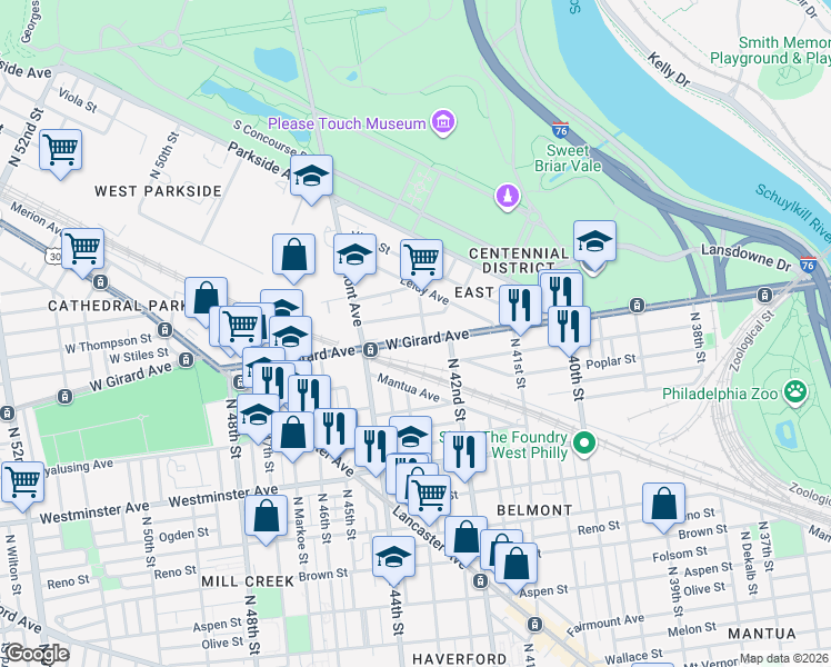 map of restaurants, bars, coffee shops, grocery stores, and more near 4232 West Girard Avenue in Philadelphia