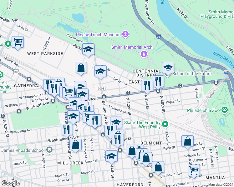 map of restaurants, bars, coffee shops, grocery stores, and more near 4232 West Girard Avenue in Philadelphia