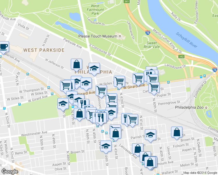 map of restaurants, bars, coffee shops, grocery stores, and more near 4232 West Girard Avenue in Philadelphia