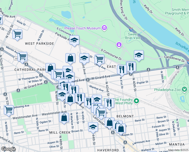 map of restaurants, bars, coffee shops, grocery stores, and more near 4253 West Girard Avenue in Philadelphia