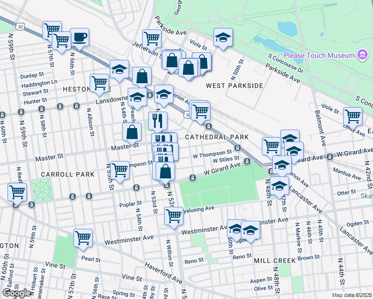map of restaurants, bars, coffee shops, grocery stores, and more near 5132 Kershaw Street in Philadelphia