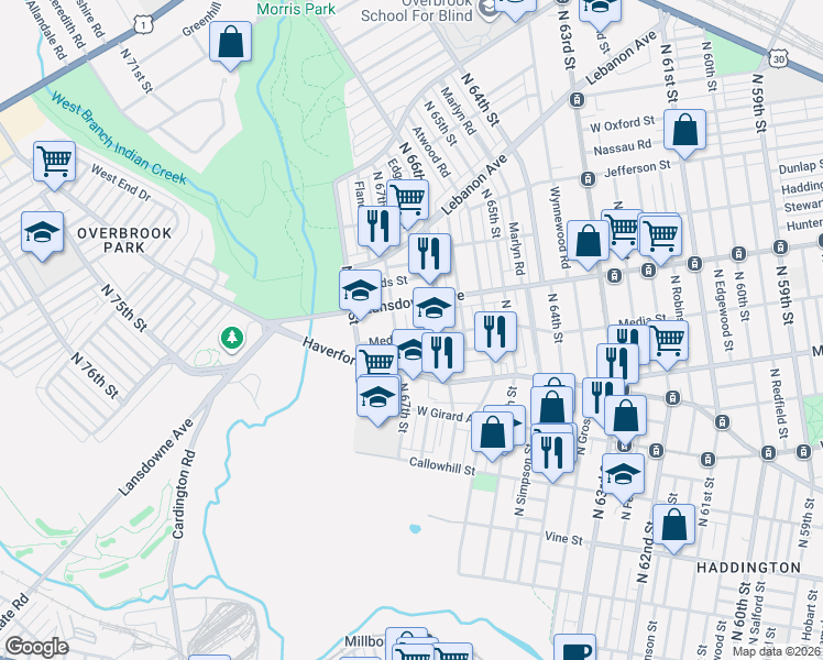 map of restaurants, bars, coffee shops, grocery stores, and more near 707 North 67th Street in Philadelphia