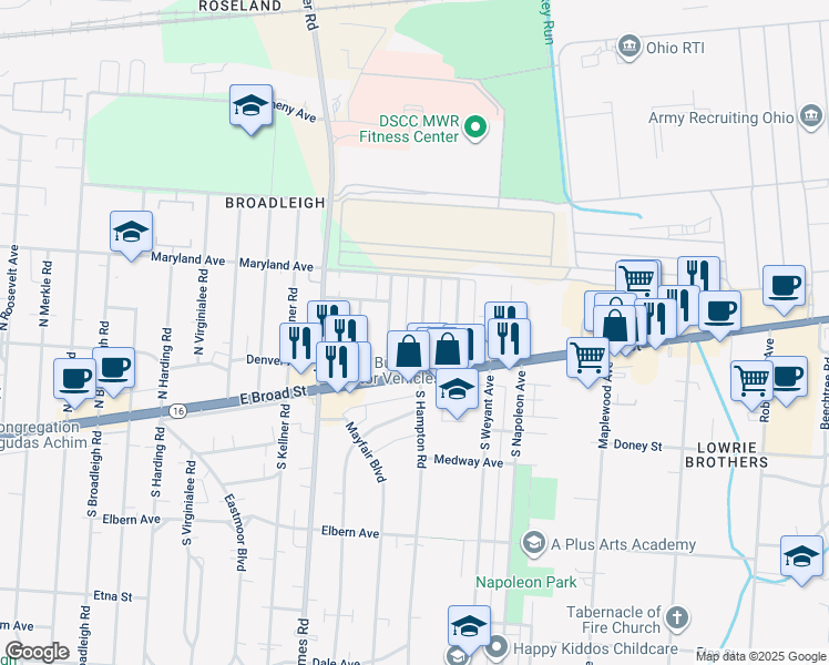 map of restaurants, bars, coffee shops, grocery stores, and more near 47 North Hampton Road in Columbus