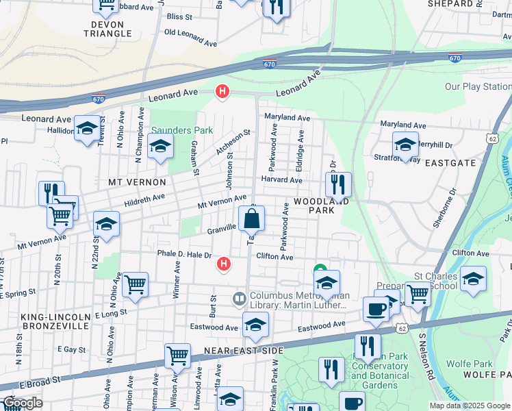 map of restaurants, bars, coffee shops, grocery stores, and more near 1560 Granville Street in Columbus