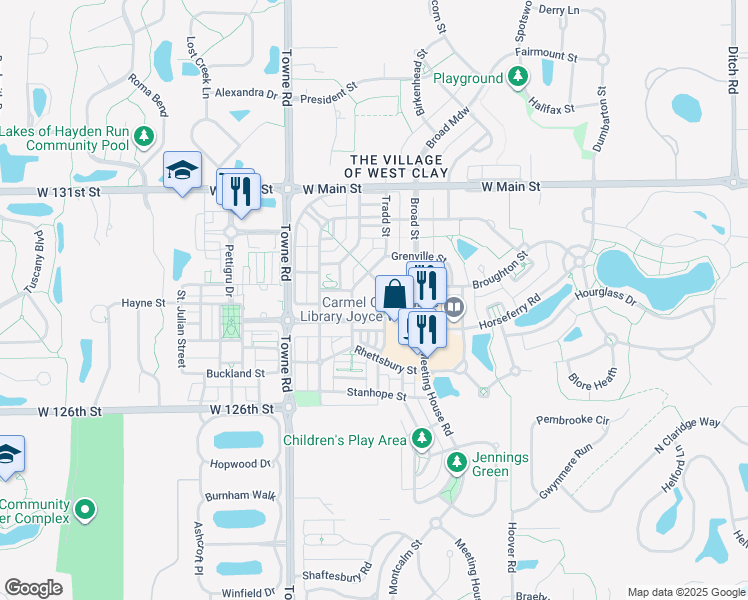 map of restaurants, bars, coffee shops, grocery stores, and more near 12840 University Crescent in Carmel
