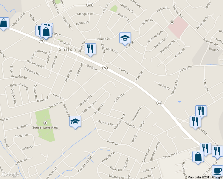 map of restaurants, bars, coffee shops, grocery stores, and more near 2290 Seneca Drive in York