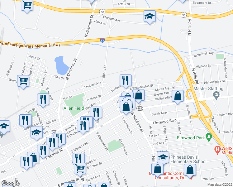 map of restaurants, bars, coffee shops, grocery stores, and more near 1221 East Philadelphia Street in York